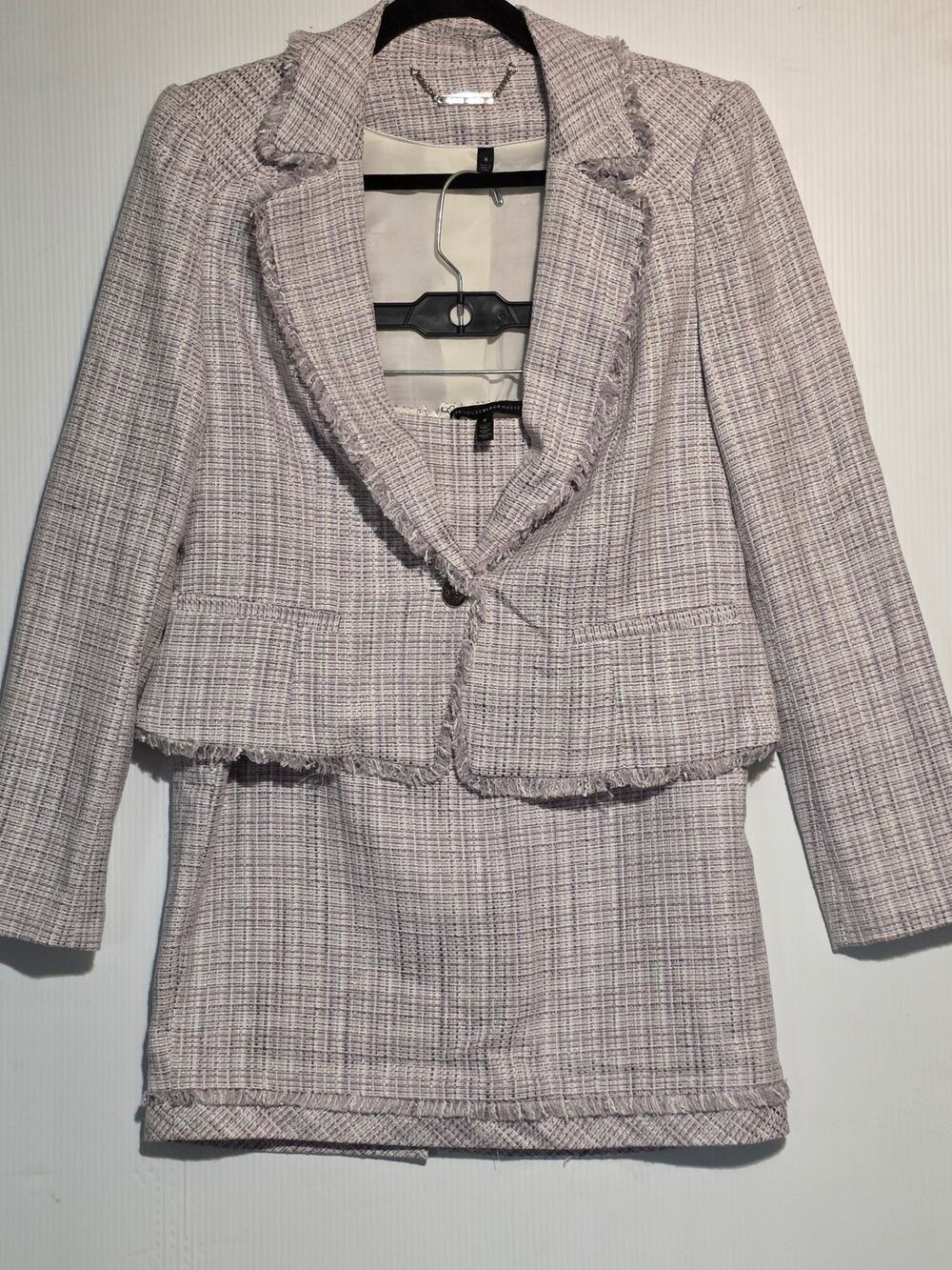 Purple Tweed Skirt Suit Set Size 8 White House Black Market Fringe Blazer Pencil